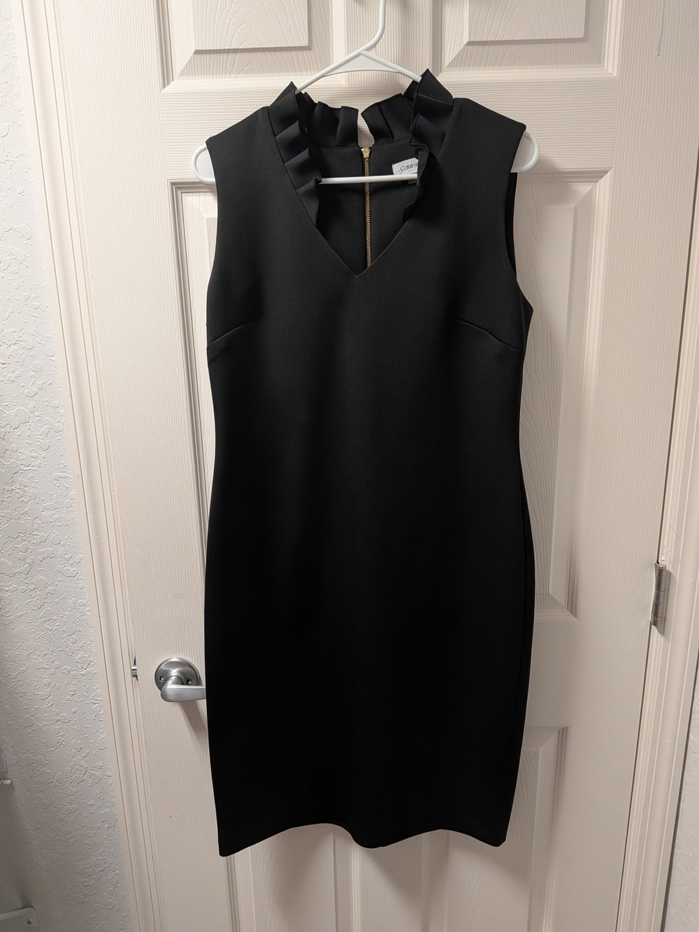 Calvin Klein Black Sleeveless V-Neck Dress with Ruffle Neckline